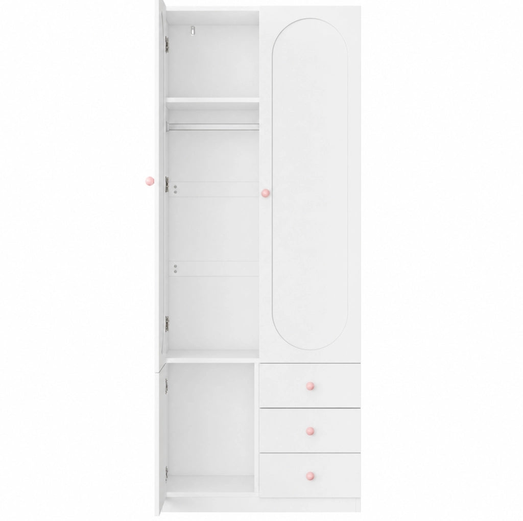Armadio per bambini bianco con 2 porte, 3 cassetti, pomelli in ceramica rosa, 80×50×200 cm