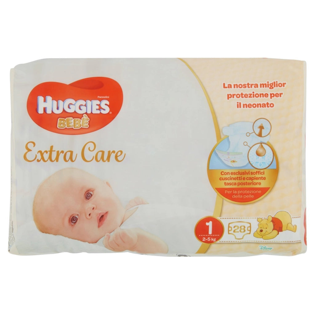 4 PACCHI HUGGIES EXTRA CARE BEBÈ PANNOLINI TAGLIA 1 2-5 KG DA 28 PZ CIASCUNO