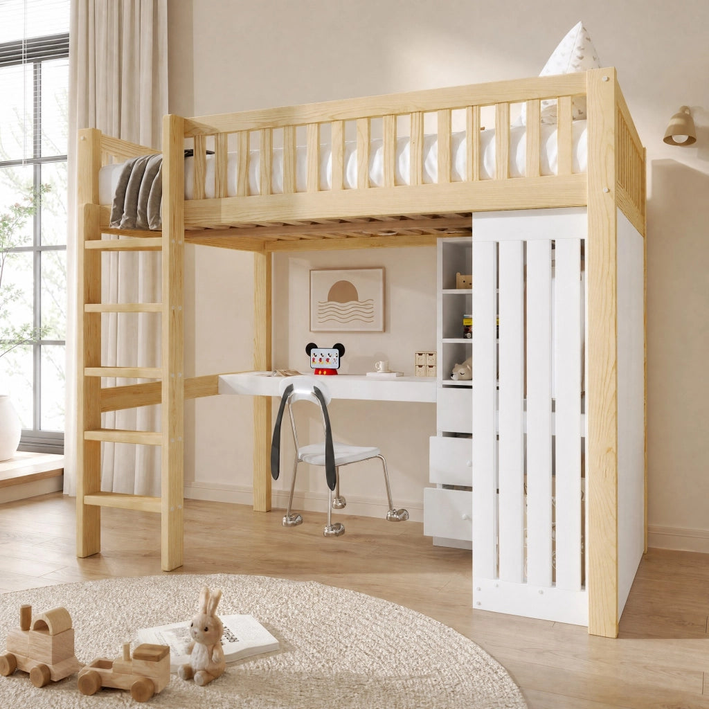 Letto a soppalco con scrivania, armadio e 3 cassetti, 140 x 200 cm, colore naturale