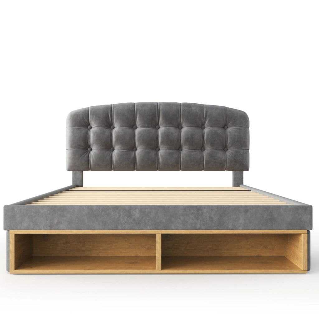 Letto matrimoniale imbottito 140x200 cm in velluto grigio con testiera regolabile, rete a doghe e cassetti contenitori