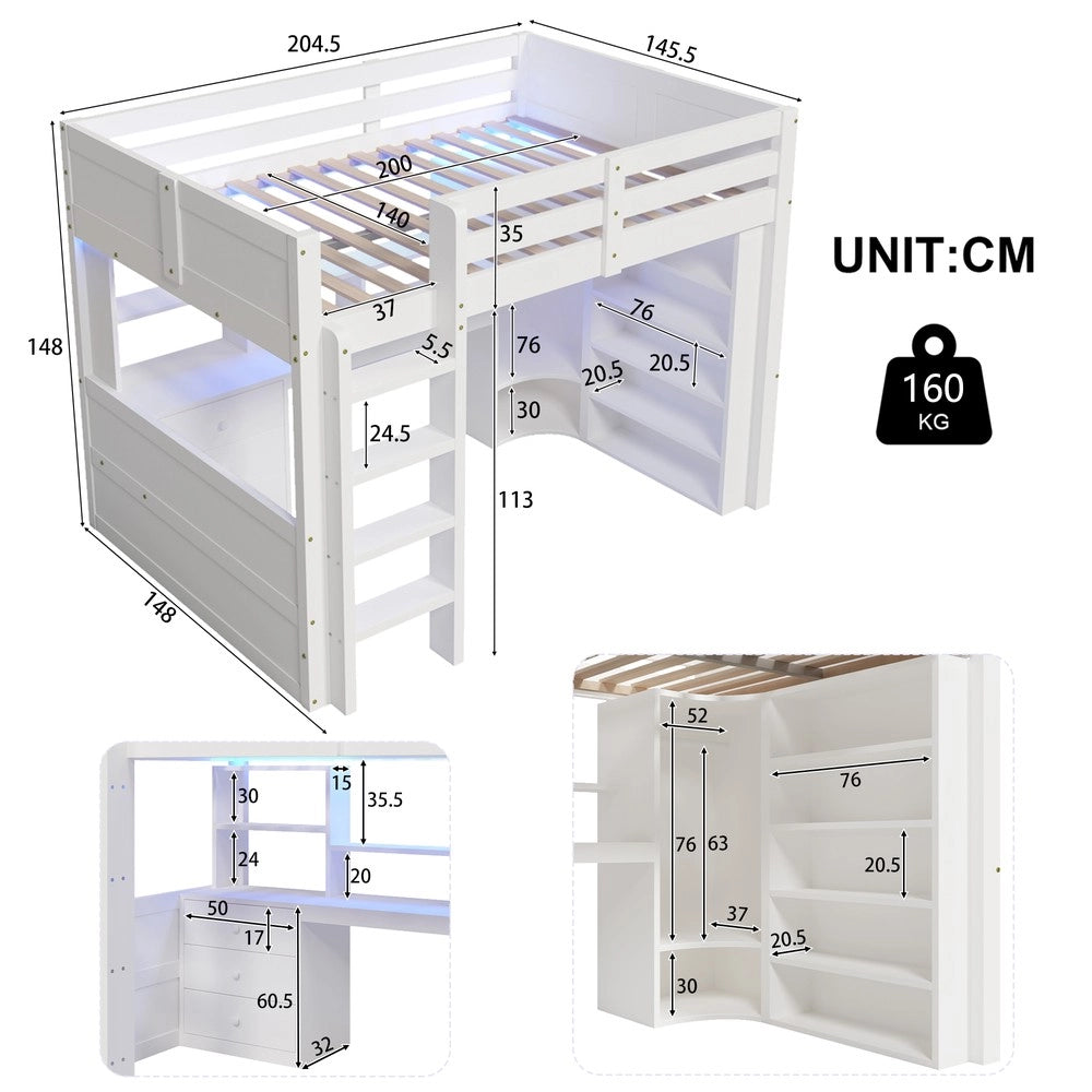 Letto a soppalco ¨C Minimal ¨C 140x200cm, bianco, con LED, armadio, scrivania, cassetti, senza materasso