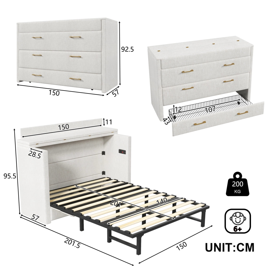 Letto a Scomparsa 140x200 cm in Lino con Cassetto; USB-C e Modulo Contenitore Mobile; Beige