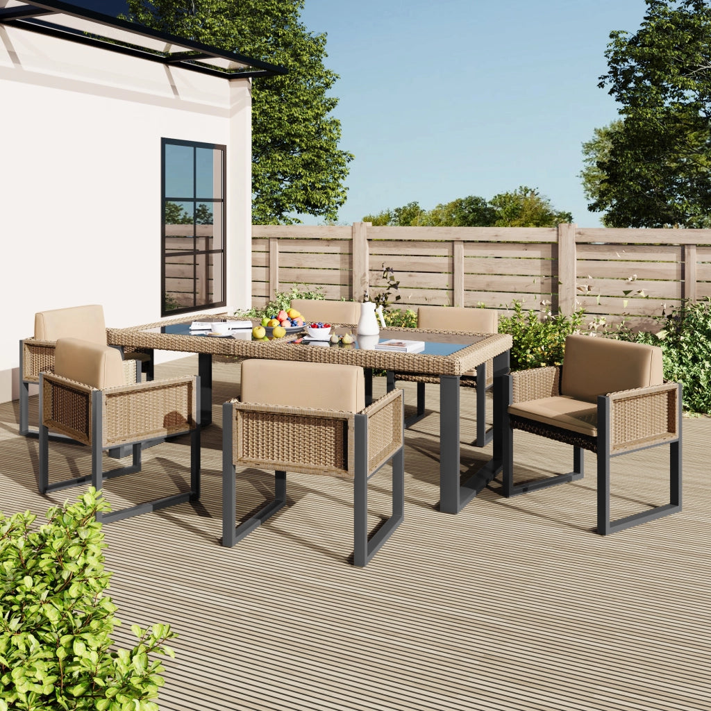 Set pranzo polyrattan 6 persone: poltrone; tessuto sfoderabile lavabile; marrone