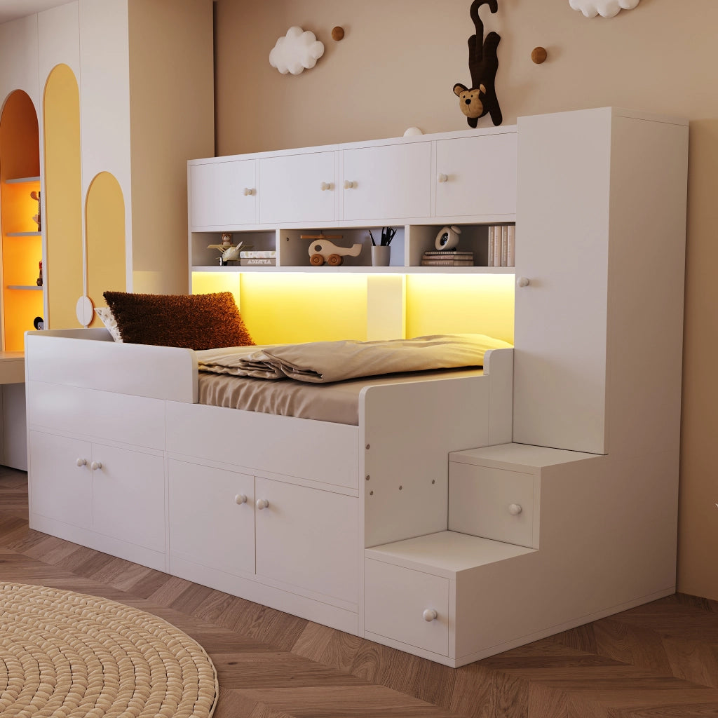 Letto per bambini 90 × 200 cm 1 posto con armadi, cassetti, scala contenitore e LED, senza materasso, bianco