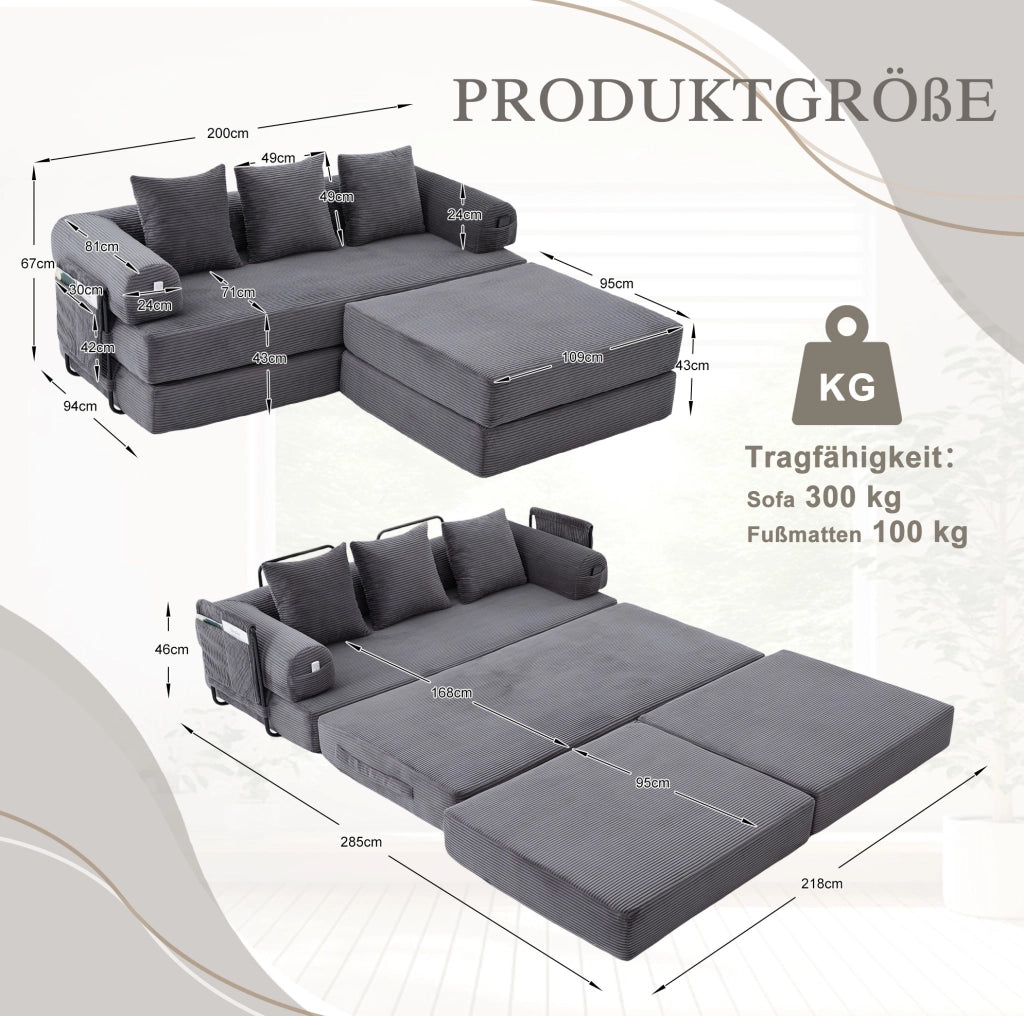 Divano modulare in velluto a coste con pouf grigio scuro