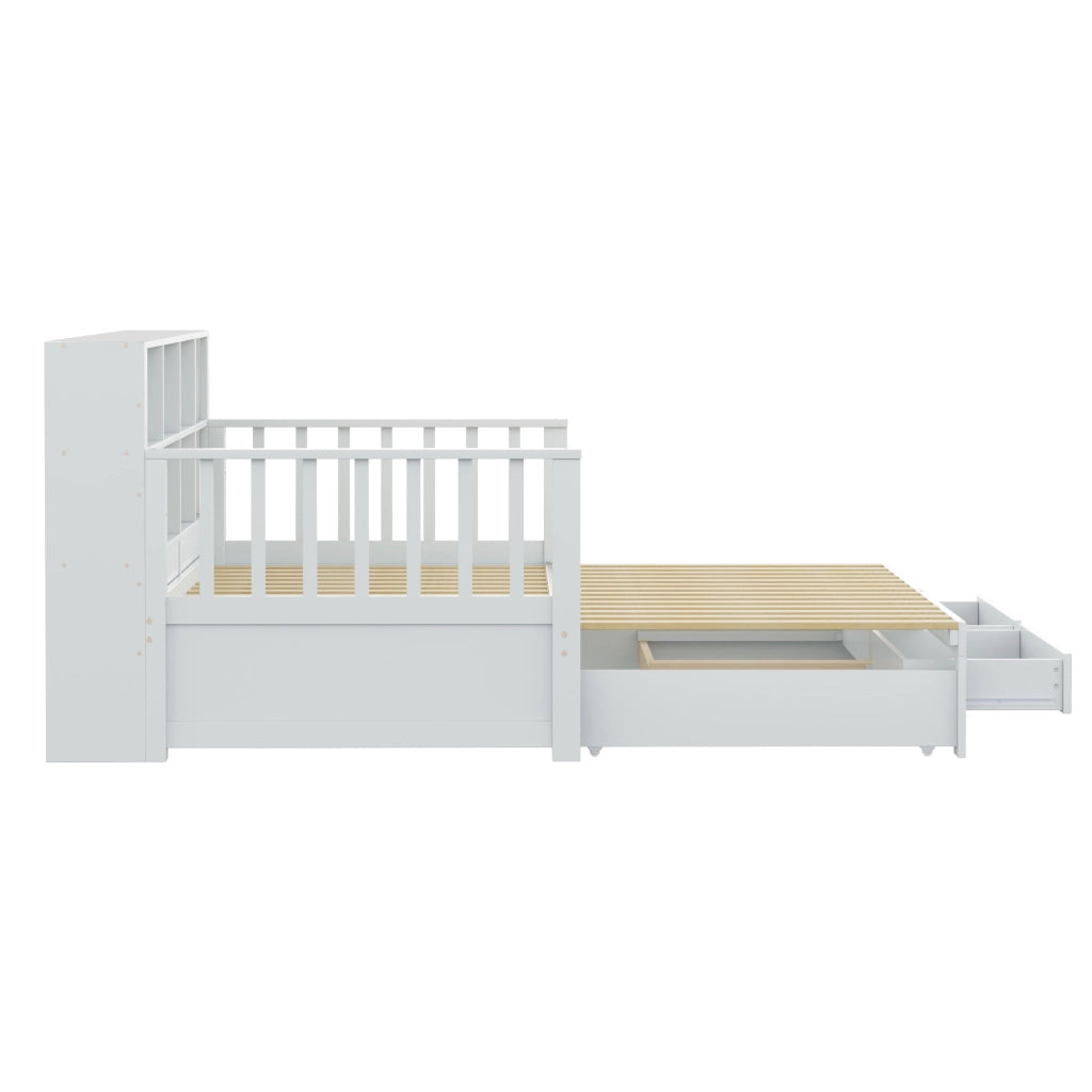 Letto divano estraibile 90×190 e 180×190 cm con 2 cassetti, mensole e presa, senza materasso, bianco in legno
