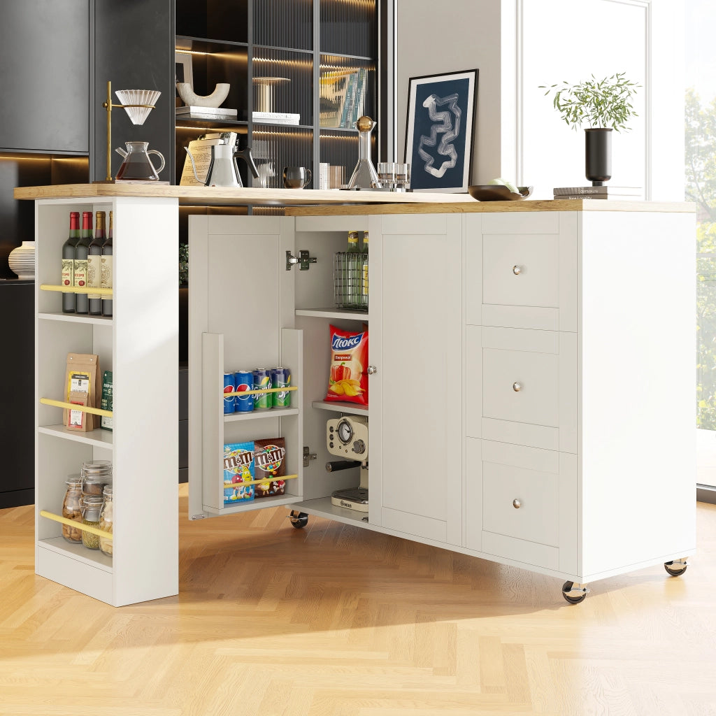 Isola cucina mobile bianca 140 x 40 x 93;5 cm con piano pieghevole in MDF effetto legno