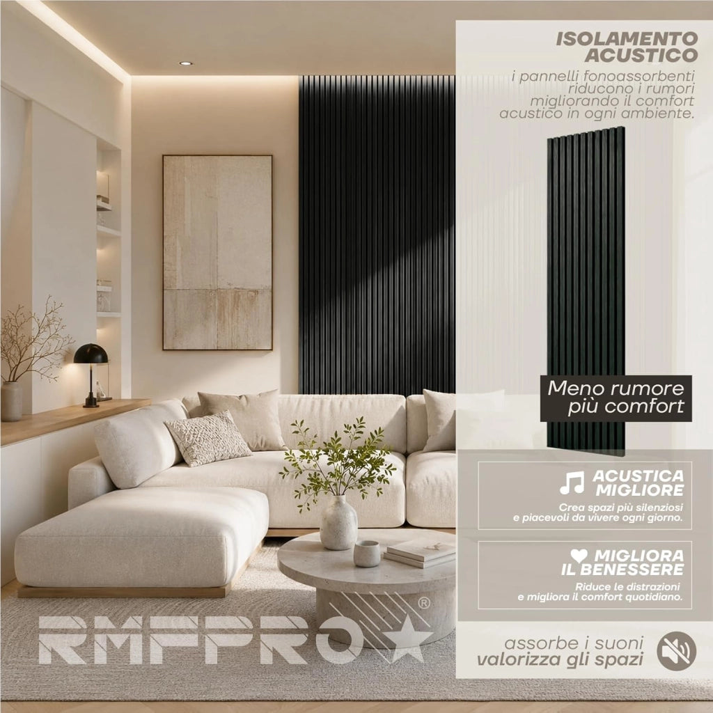 RMF PRO 1 Pannello Decorativo Parete Legno Fonoassorbente Fumo Scuro 240x60 cm (1,44 m²) – Singolo Rivestimento Acustico a Listelli MDF per Casa, Studio e Ufficio