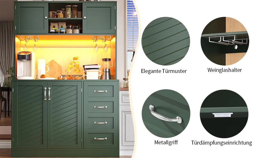 Mobile contenitore 120x40x188 cm, 4 ante e 2 grandi cassetti, illuminazione LED, ripiano snack e portabottiglie, verde/nero/bianco
