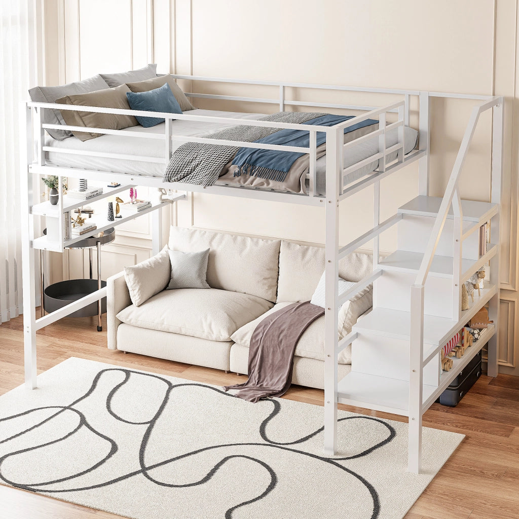 Letto a soppalco per bambini 140 × 200 cm 1 posto con mensole; scala contenitore e spazio gioco; senza materasso; bianco