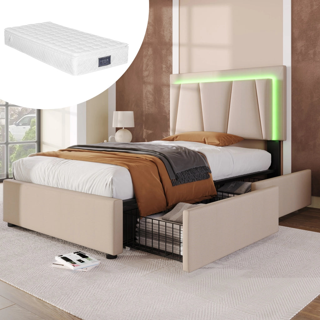 Letto singolo 90x200 cm beige con illuminazione integrata