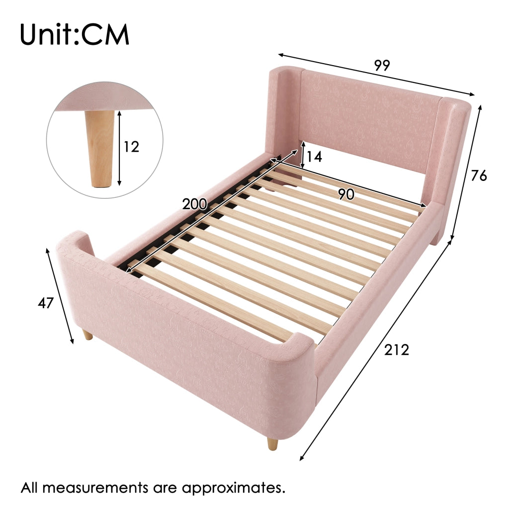 Letto singolo 90 × 200 cm con testiera imbottita e motivo spaziale rivestito in velluto rosa con rete a doghe
