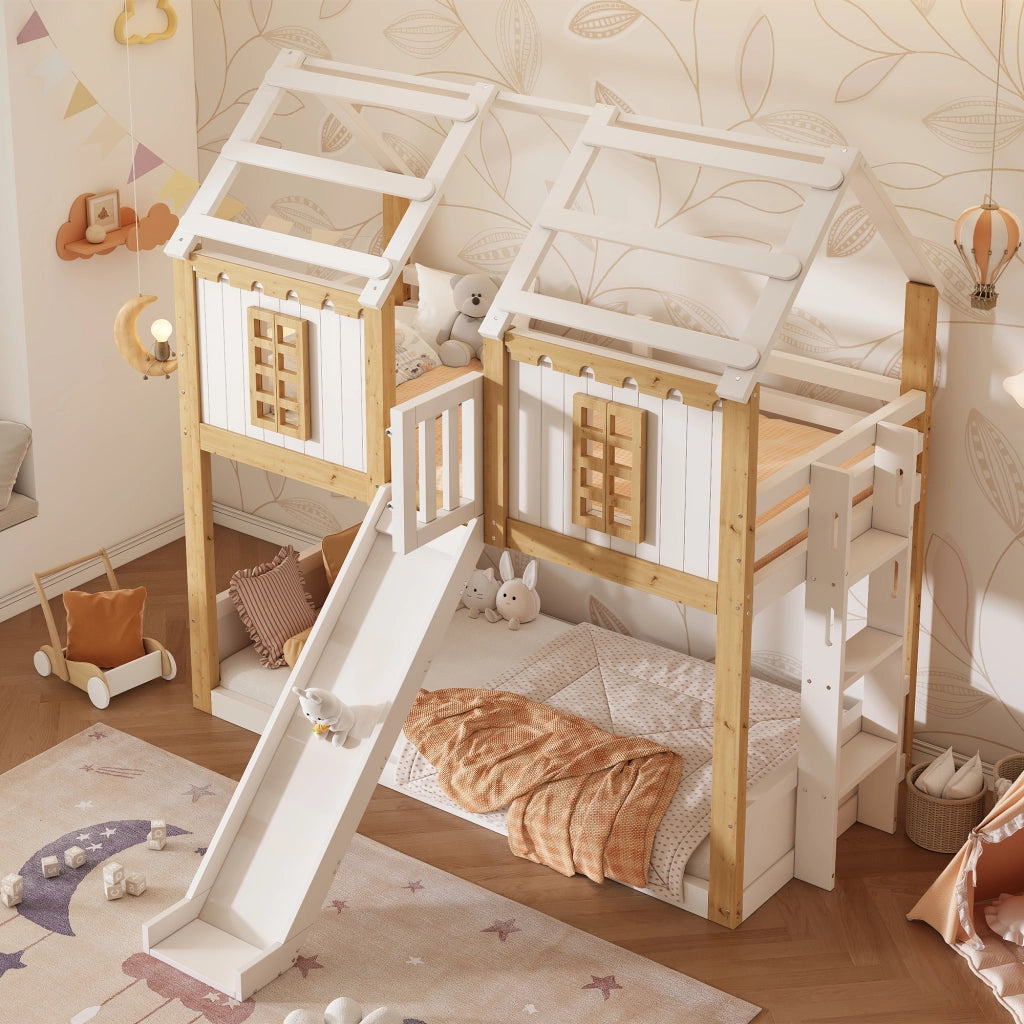 Letto a castello a casetta per bambini 90 x 200 cm; con scivolo; scala flessibile; protezione anticaduta a 360  ; finestra; struttura in legno; bianco