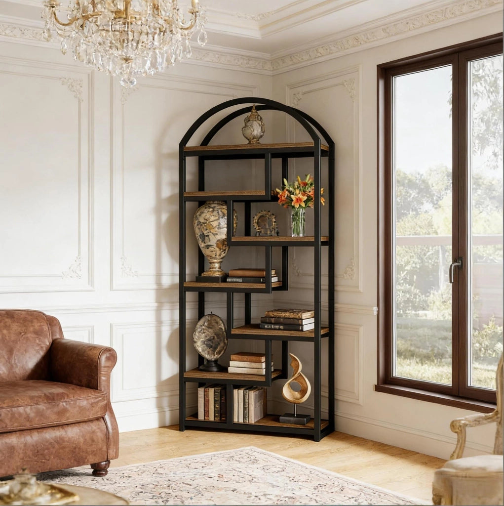 Libreria a 7 ripiani con struttura in metallo e ripiani in MDF, 180 cm, colore legno e nero