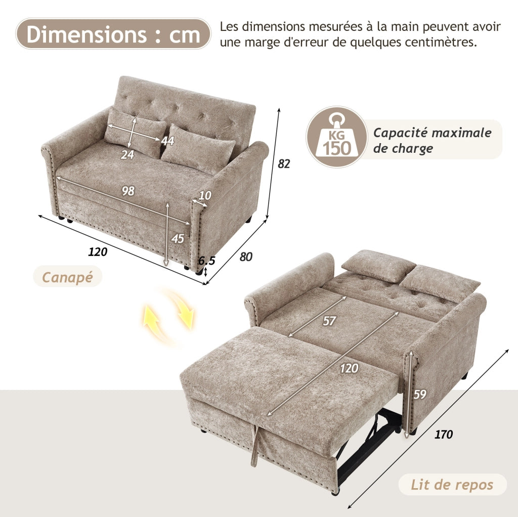Divano letto 2 posti ULEVR 120x80x82 cm, schienale regolabile 110¡ã/145¡ã/180¡ã, letto estraibile, marrone e grigio