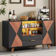 Credenza da cucina LED con 2 cassetti, ripiani regolabili e vani aperti, MDF naturale e nero, 150 × 40 × 90 cm