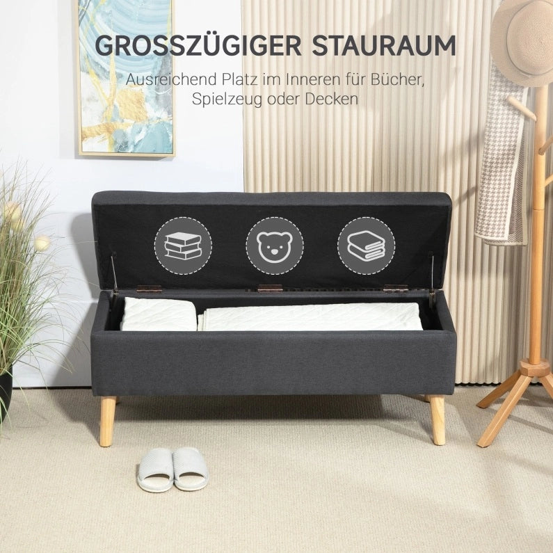 Panca contenitore imbottita in tessuto effetto lino, struttura in legno di caucciù, 110 x 39 x 45 cm, grigio scuro