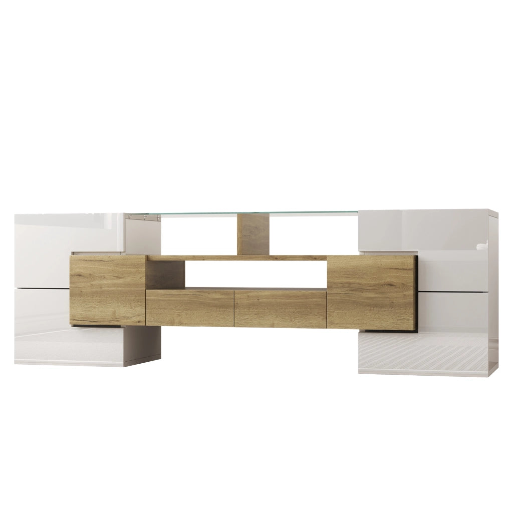 Mobile TV LED con 6 ante, 2 cassetti e 3 vani, finitura bianco lucido e oro, moderno, per soggiorno, 145 × 30 × 51 cm