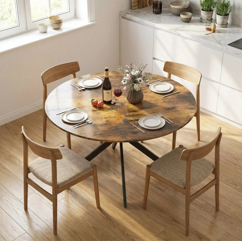 Tavolo da pranzo rotondo ?120 cm per 4 persone con piano in legno e gambe in acciaio marrone rustico