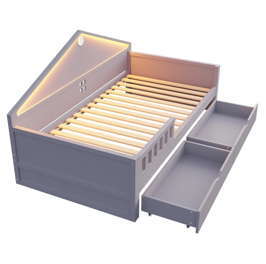 Letto singolo 90x200 cm in legno con cassetti e illuminazione LED controllabile via smartphone, grigio