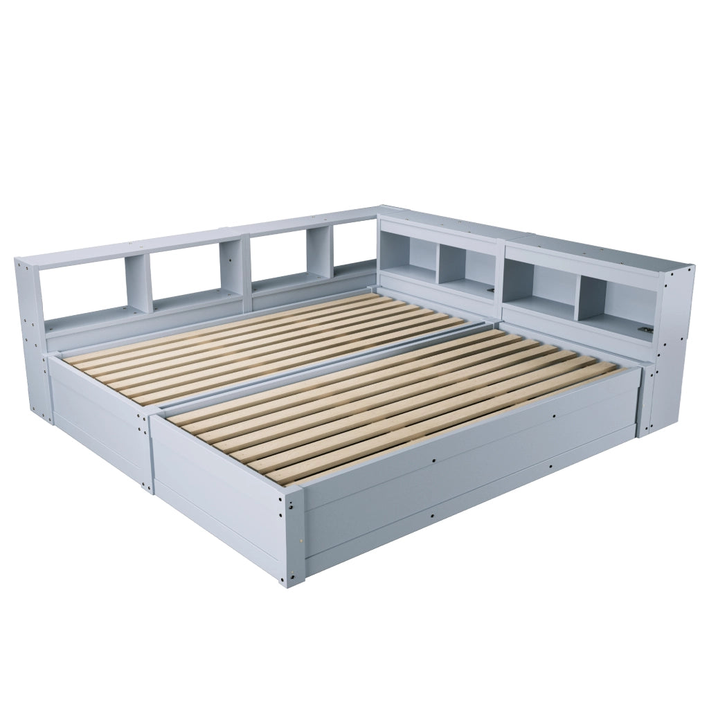 Letto matrimoniale 180×200 cm e 90×200 cm con presa; LED e contenitore; senza materasso; MDF; grigio