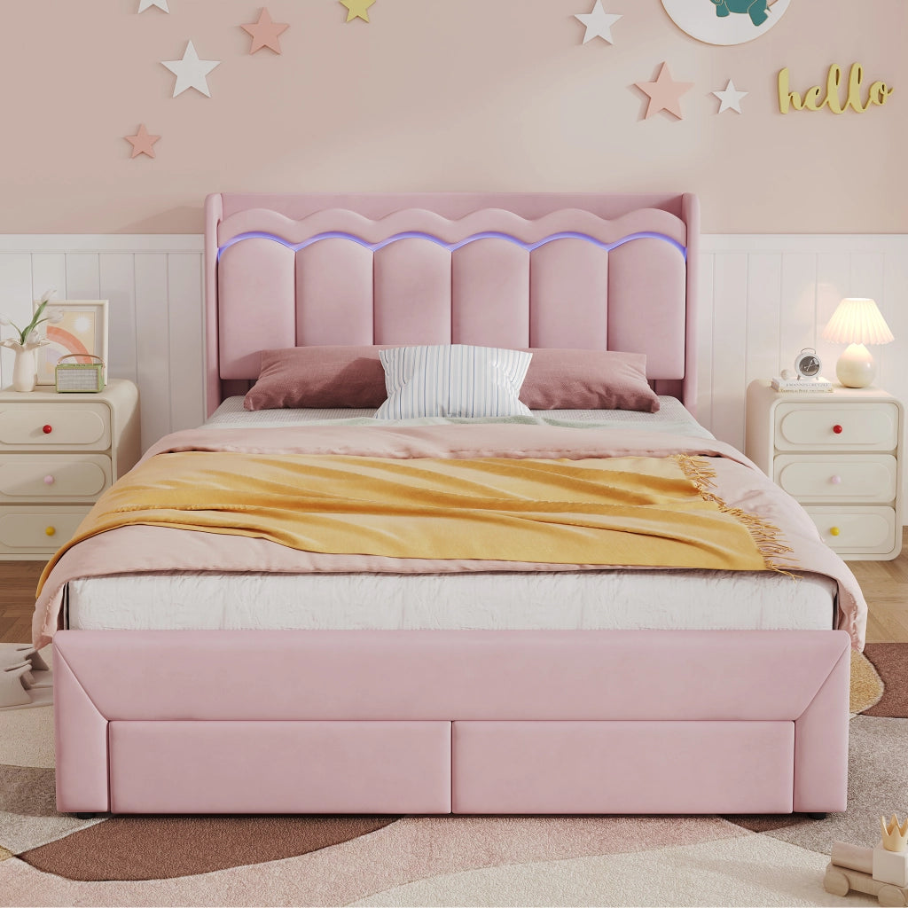 Letto imbottito rosa 140x200 cm con due cassetti e LED; velluto