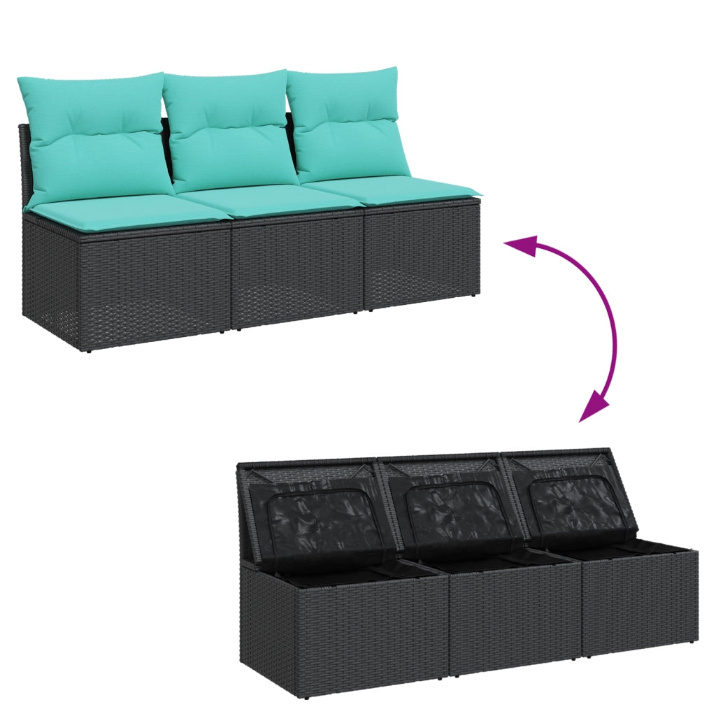Divano da Giardino a 3 Posti con Cuscini Nero in Polyrattan 366042