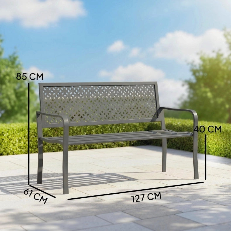 Panca da giardino 2 posti in metallo resistente alla ruggine con schienale geometrico, portata 240 kg