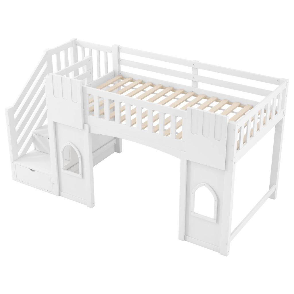 Letto a soppalco 90 x 200 cm con scala contenitore e 2 finestre, letto per bambini in legno bianco con sponde di sicurezza, area gioco e rete a doghe