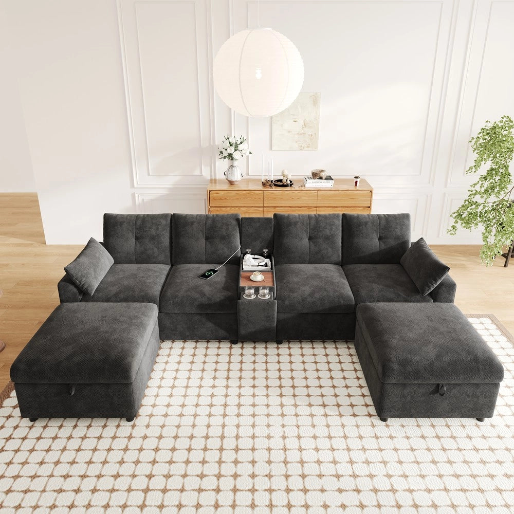 Divano angolare modulare 6 posti ¨C Minimal ¨C Grigio tessuto chenille con contenitori poggiapiedi porta bevande USB Type-C