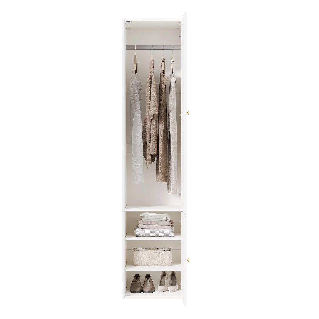 Armadio alto a un'anta con porta a lamelle; appendiabiti e 3 vani; 45x50x200 cm bianco