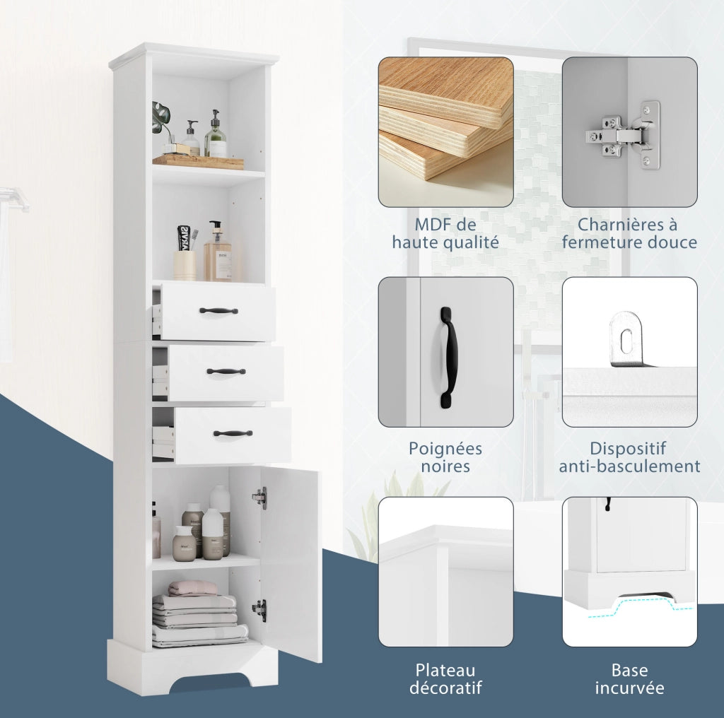 Armadio bagno salvaspazio 38x26x172;5 cm in MDF laccato bianco con 3 cassetti