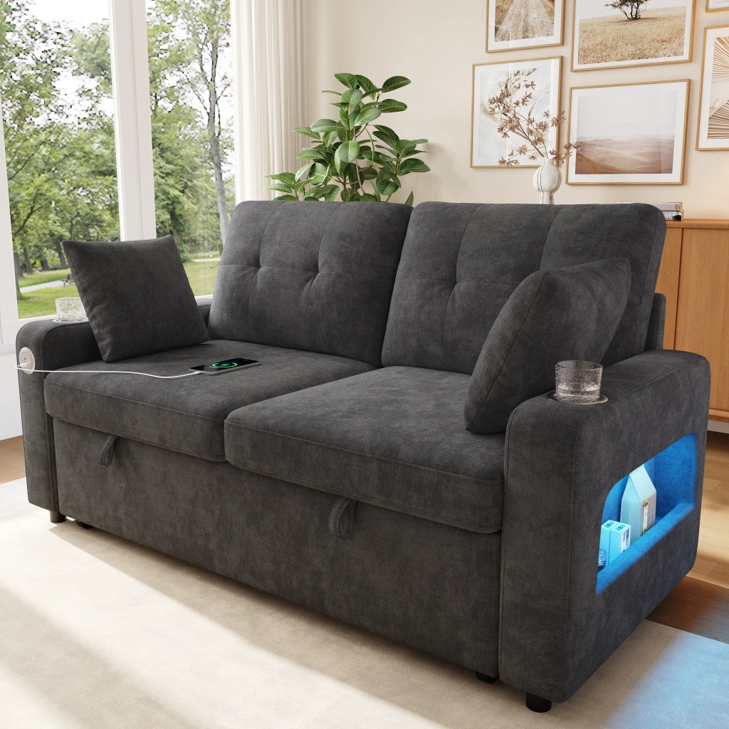 Divano letto 2 posti estraibile con LED, USB e USB-C, vani e portabicchieri grigio