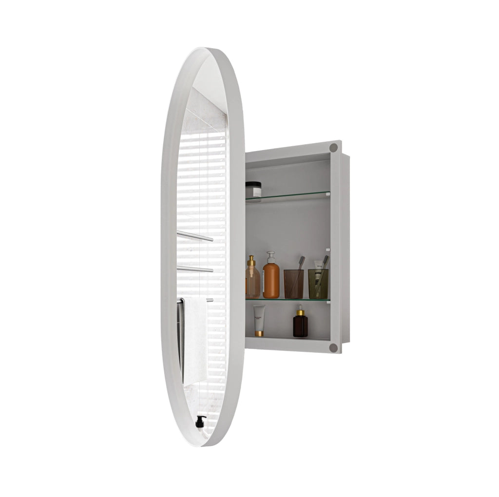 Mobiletto da bagno a incasso con specchio ovale, telaio metallico e ripiani regolabili, bianco