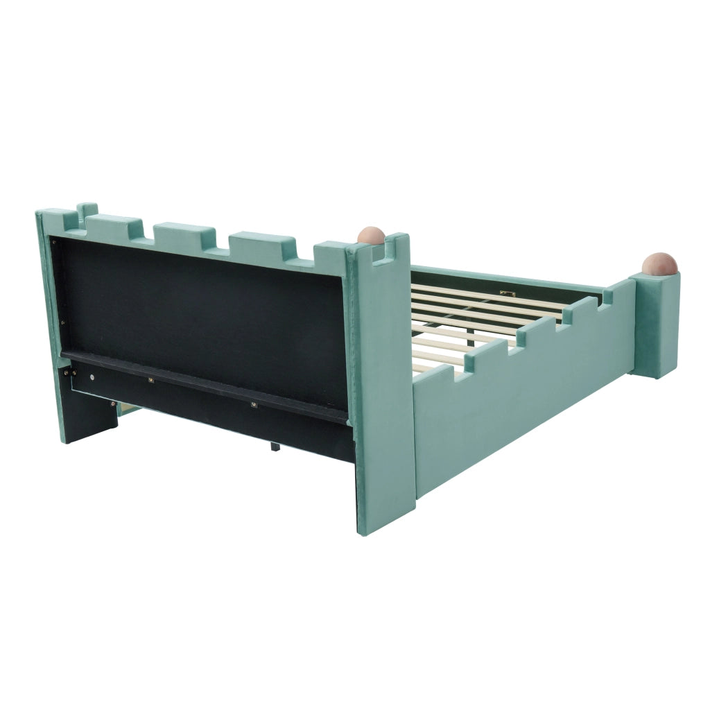 Letto con cassetti 140 × 200 cm con ripiano laterale pieghevole rivestito in velluto francese blu-verde
