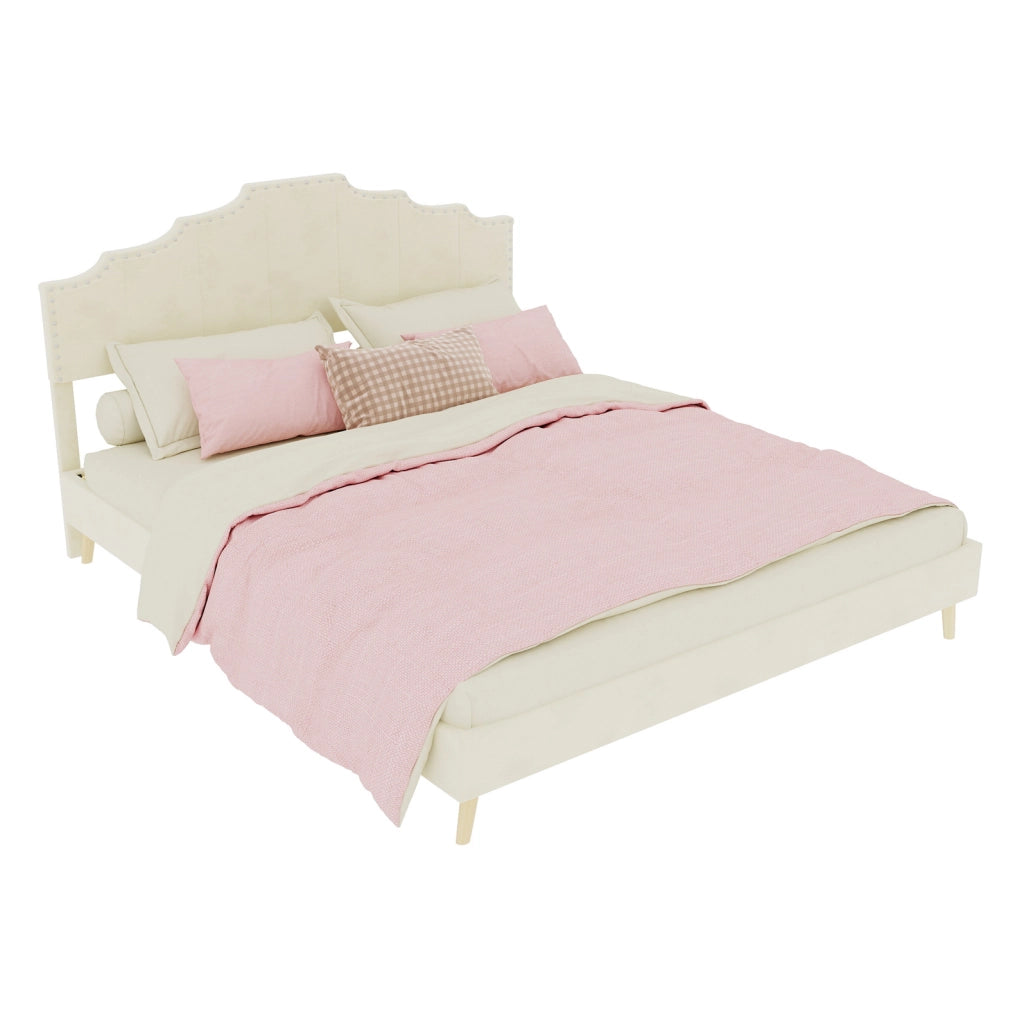 Letto moderno minimalista 160x200 cm beige con testiera imbottita e materasso incluso