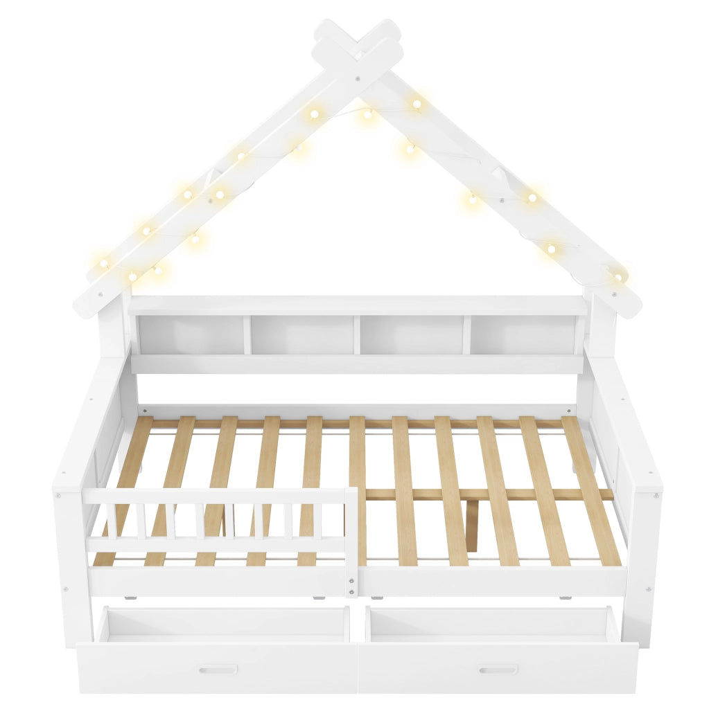 Letto a piattaforma in legno a forma di casa 140x200 cm con illuminazione LED, ripiani e cassetti, bianco
