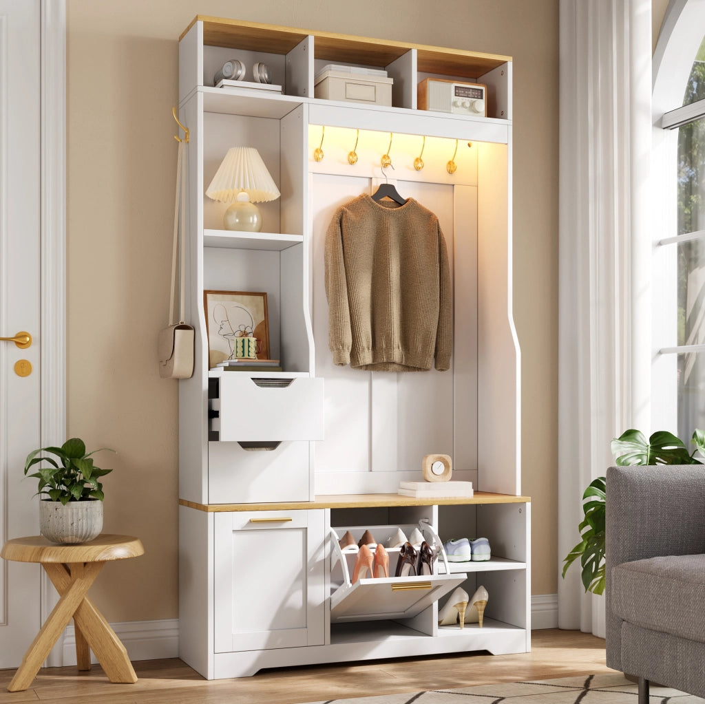 Mobile ingresso 100x32x186 cm in MDF bianco con seduta e vano scarpe