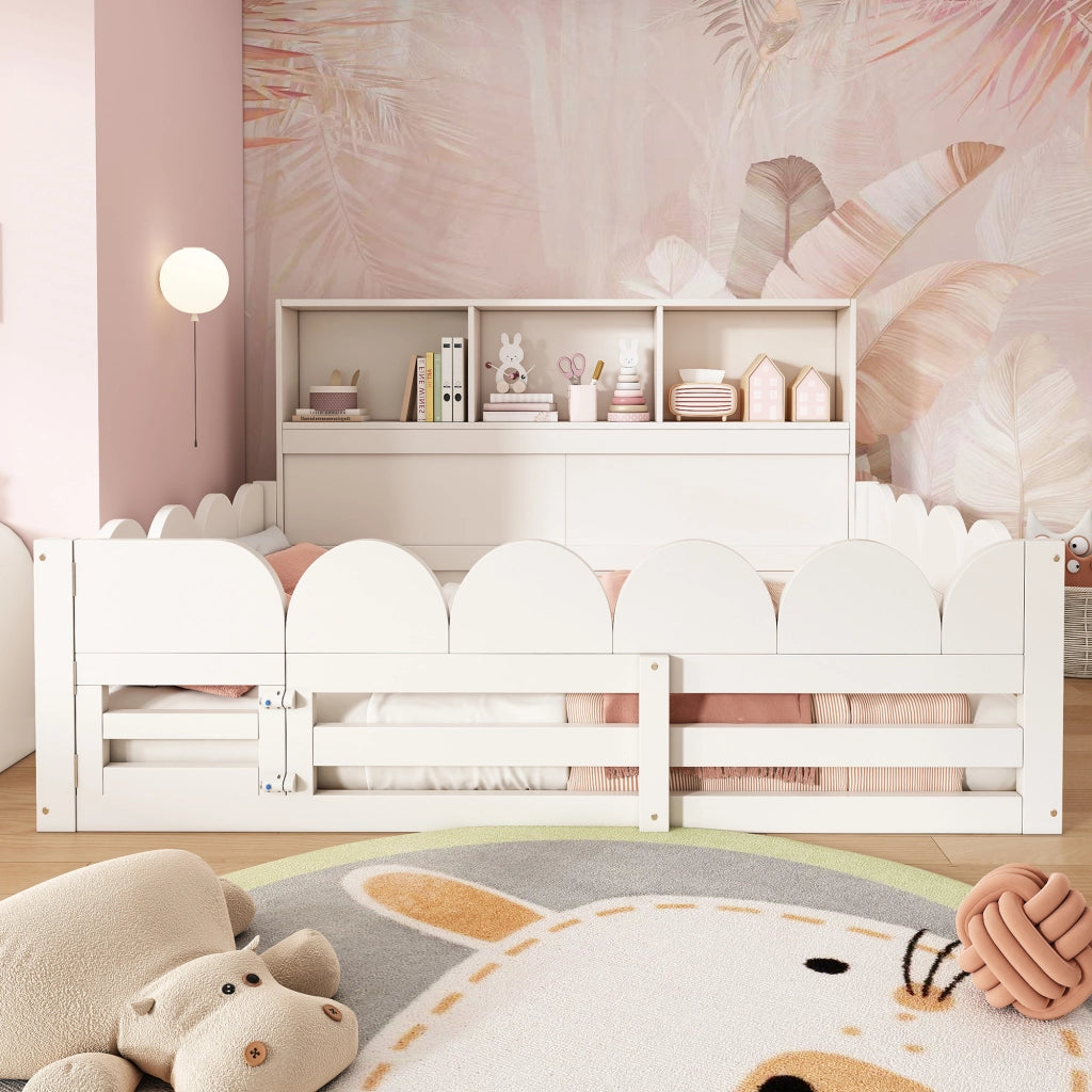 Letto per bambini 140 × 190 cm con barriera; porta e 3 ripiani; senza materasso; in legno; bianco