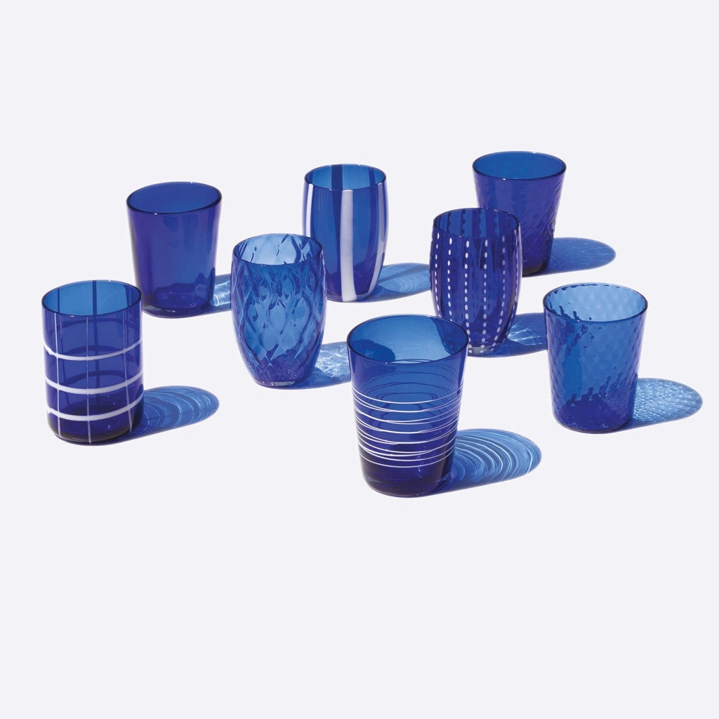 Zafferano Melting Pot Set 6 Bicchieri Monocolore - Blu - Vetro Soffiato a Mano, 32 cl - Tumbler Artigianali per Acqua e Cocktail