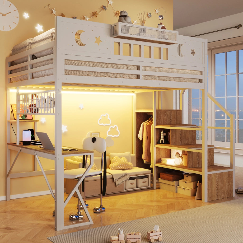 Letto a soppalco 140 x 200 cm in metallo e MDF; con scrivania; LED e contenitori; bianco