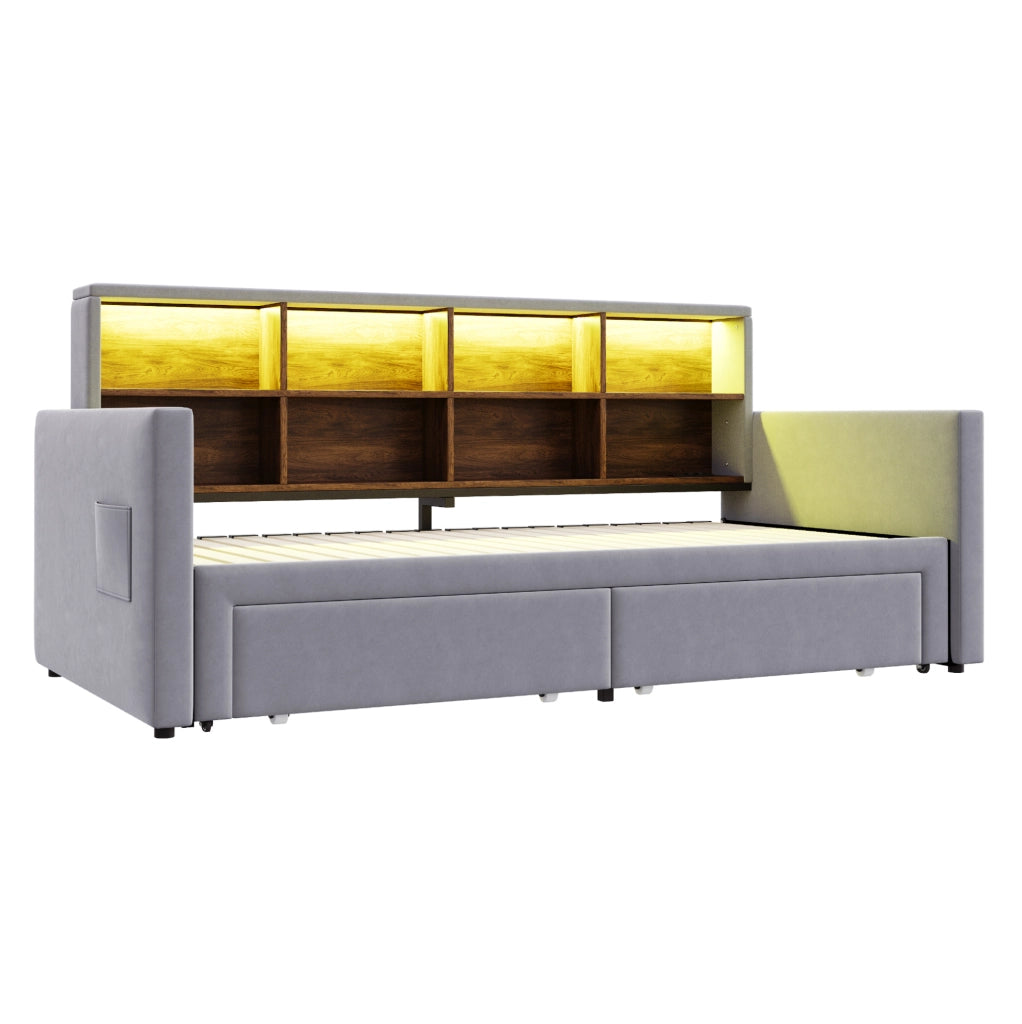 Divano letto imbottito estensibile con contenitore e luce LED