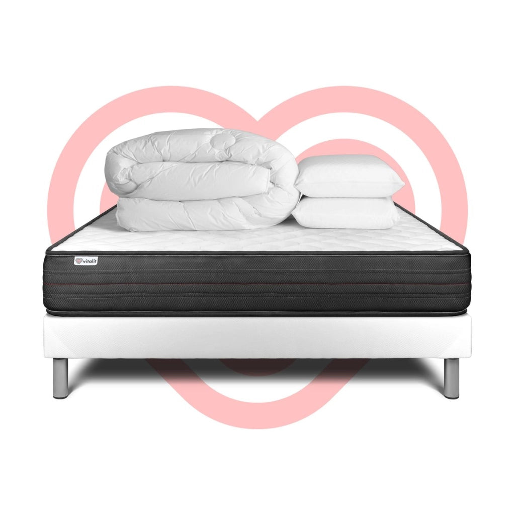 Pacchetto letto completo - Materasso 160x200cm + Box spring con doghe (in kit) + 2 cuscini + Piumino - Vitalpower