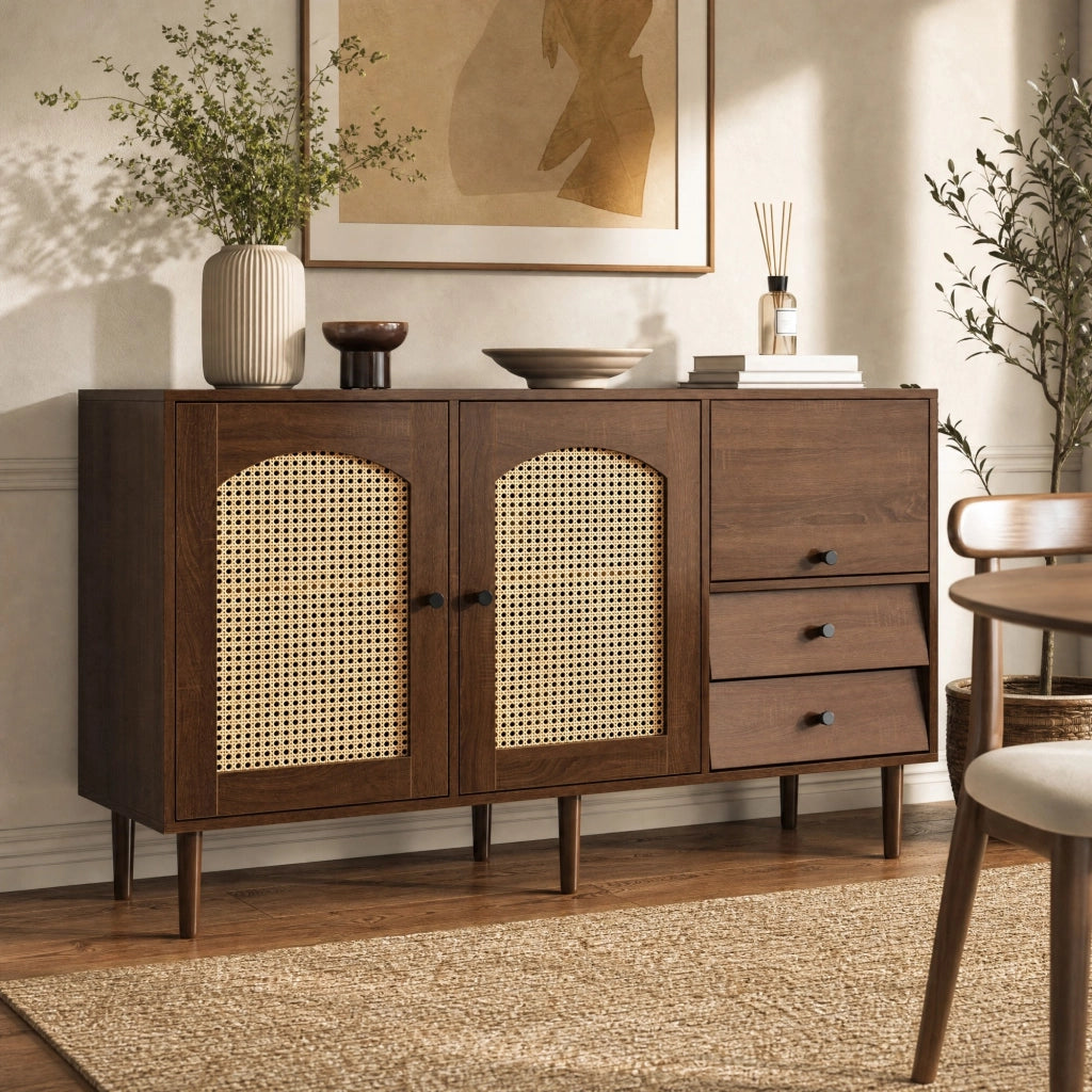 Credenza stile rustico con ante in rattan e ripiani regolabili per soggiorno o ingresso in truciolare colore legno