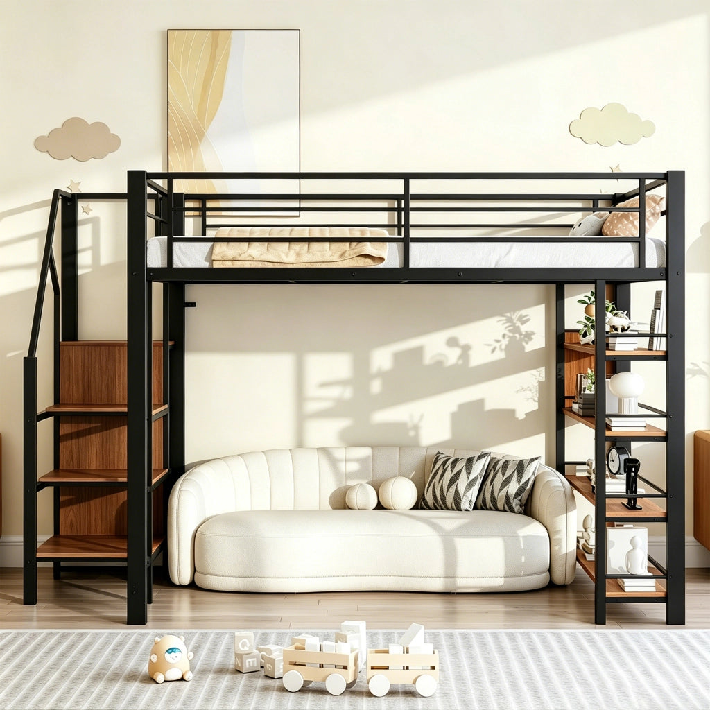 Letto a soppalco 140 × 200 cm con scala contenitore armadio e ripiani in metallo nero