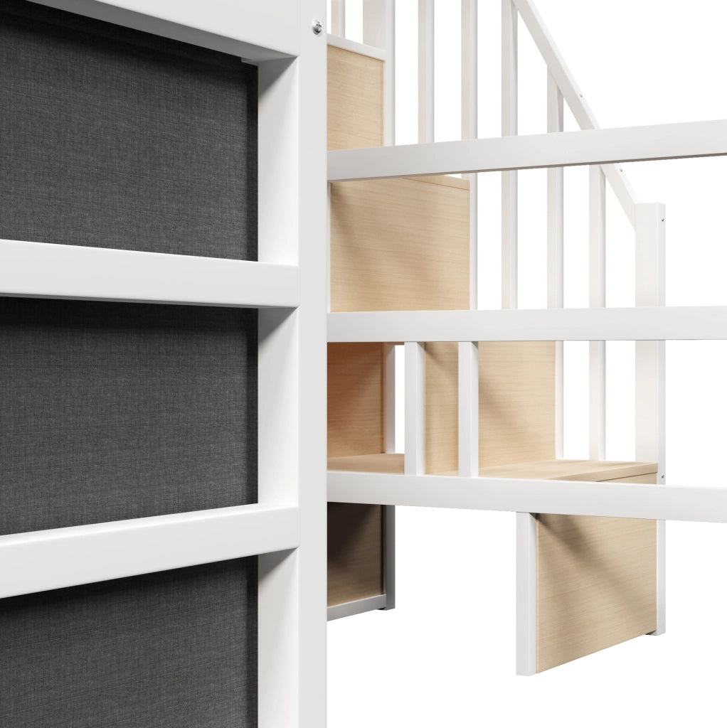 Letto a soppalco in metallo e MDF con scrivania, cassetti e LED