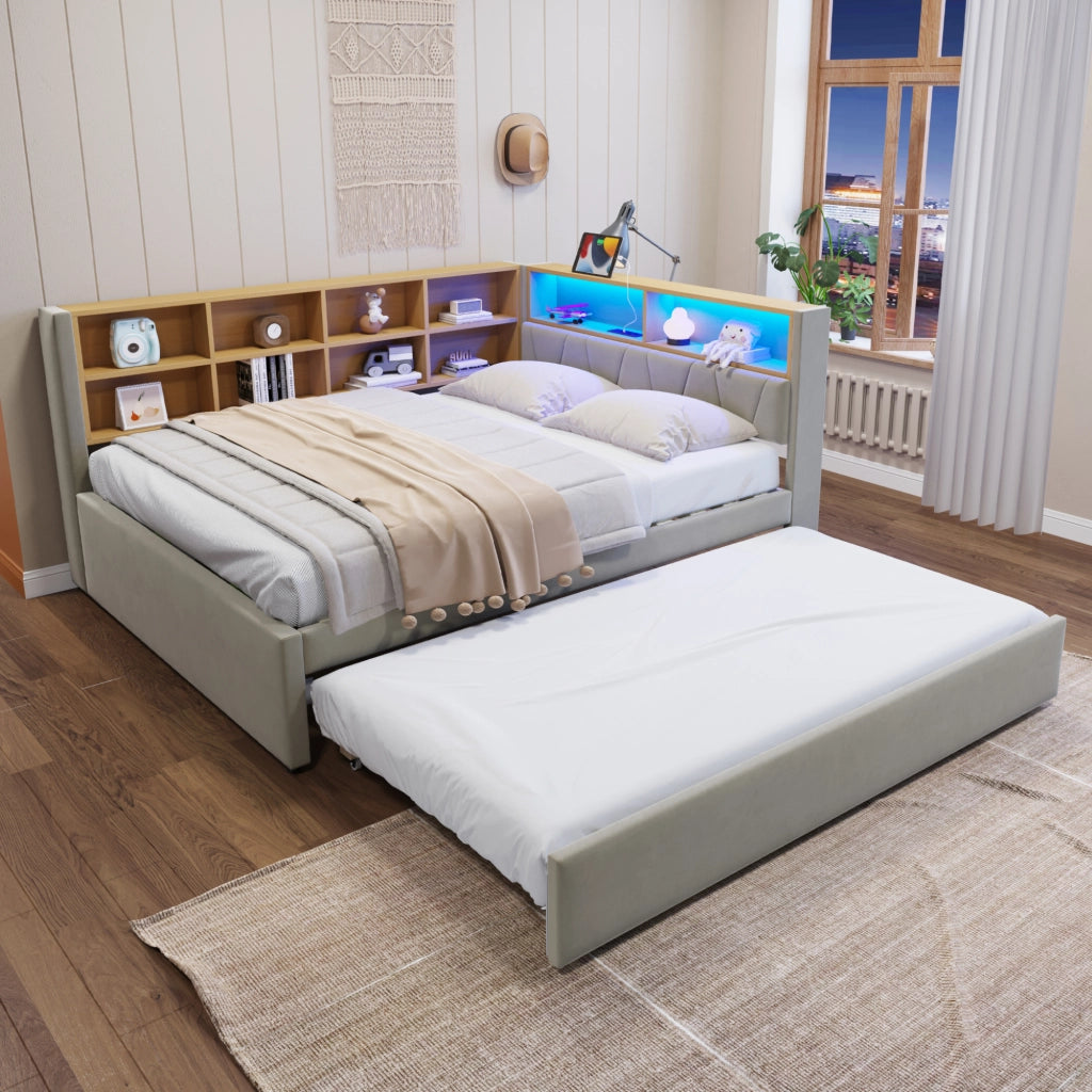 Letto con letto estraibile 140 × 200 cm con letto aggiuntivo 90 × 190 cm LED porte USB e vani grigio chiaro