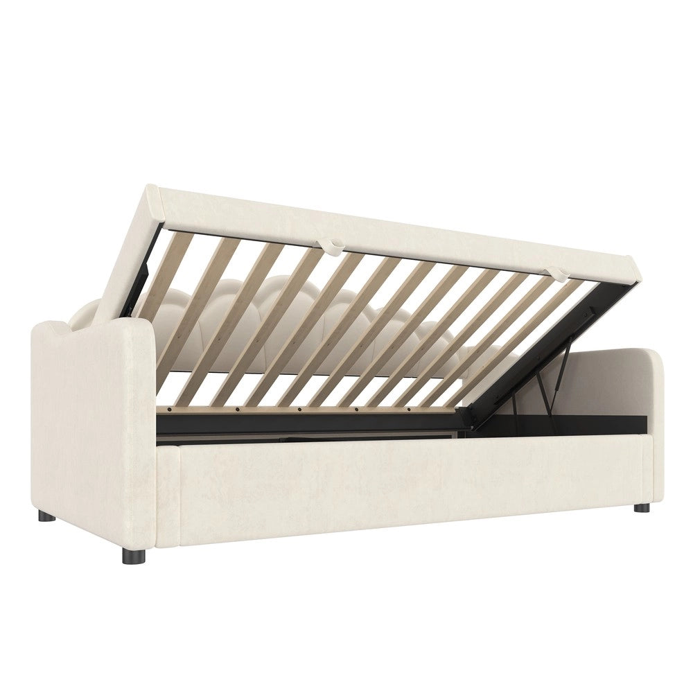Letto Singolo Contenitore Imbottito con LED ¨C MINIMAL ¨C Velluto Beige 90x200