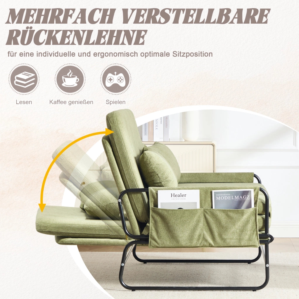Divano letto 2 posti trasformabile 104x200 cm in chenille e metallo; verde oliva