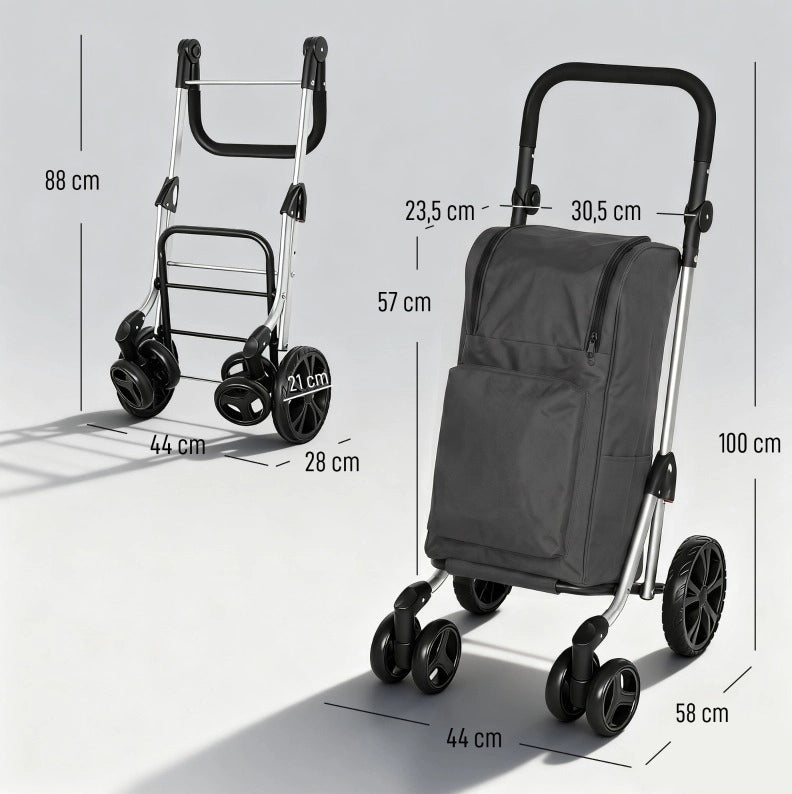 Carrello spesa pieghevole 58x44x100 cm in poliestere grigio scuro, 46 L, salvaspazio –